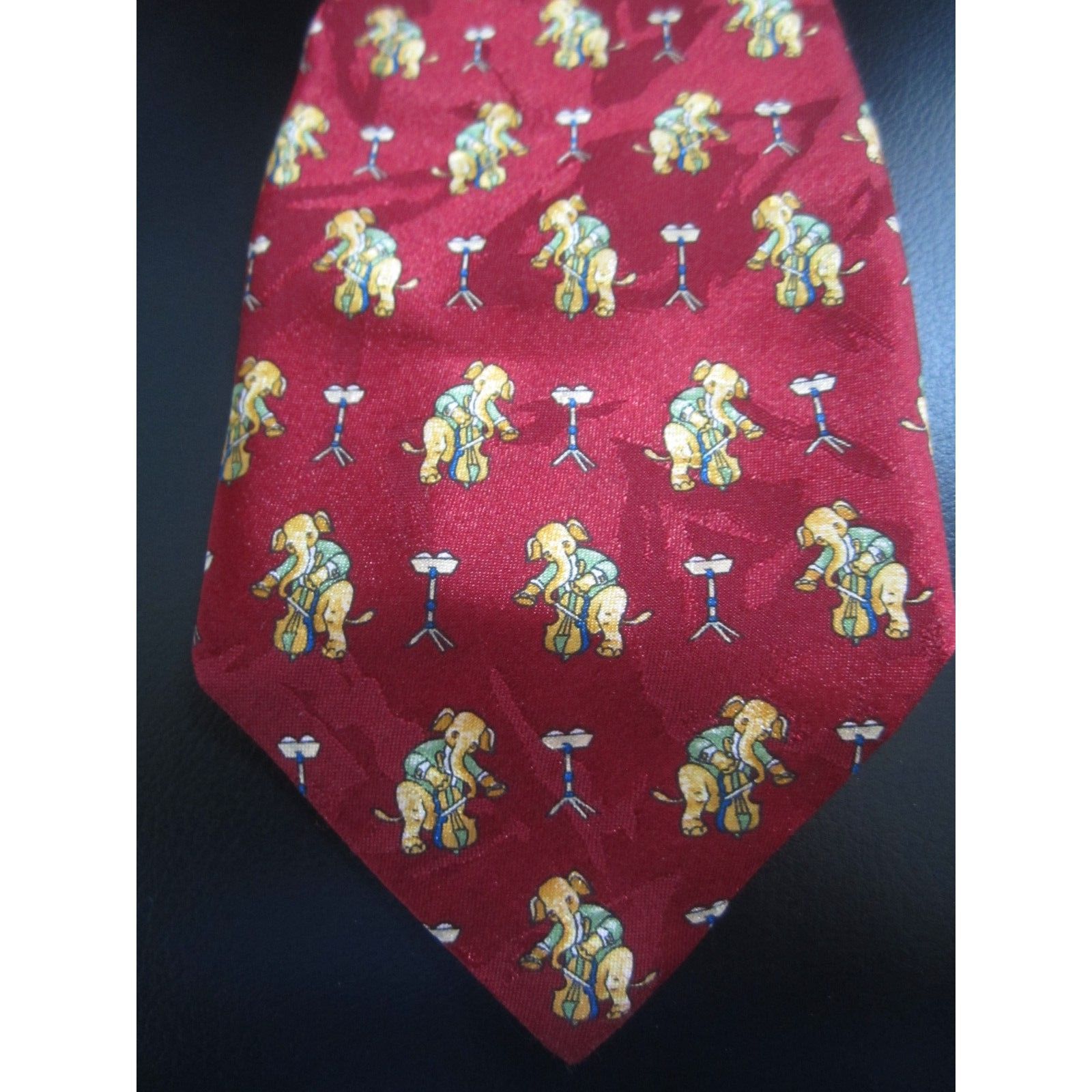 Burgundy Tie Tiny Elephants Playing The Bass 100% Pure Seta Silk Made In Italy